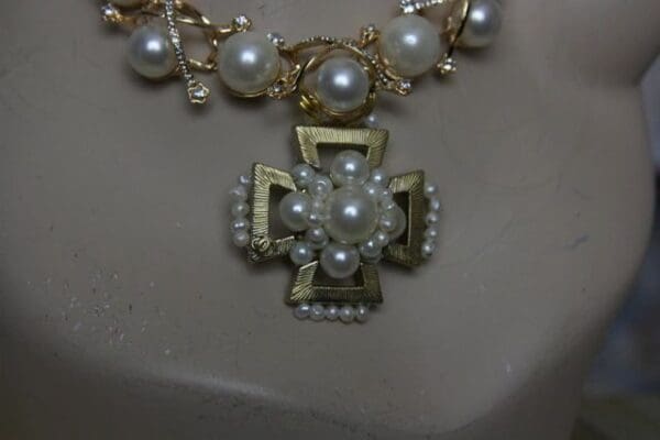 1417 Madam Coco Massive Pearl Gold Plated Cross Necklace Set - Image 6