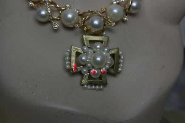 1417 Madam Coco Massive Pearl Gold Plated Cross Necklace Set - Image 5