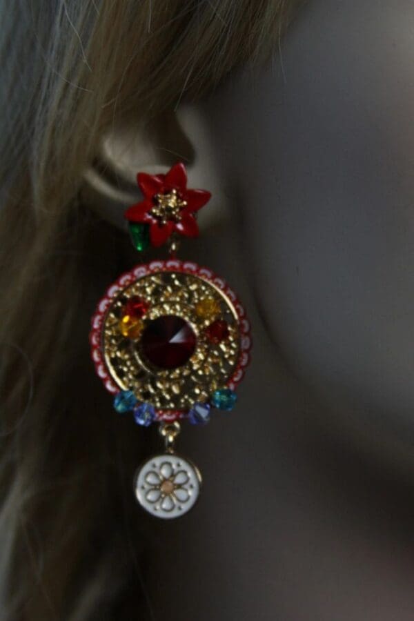 A woman wearing earrings with a clock on top of it.