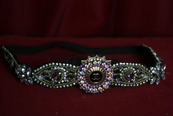 1596 Repurposed Chanel Button Crystal Forehead Headband - Image 9
