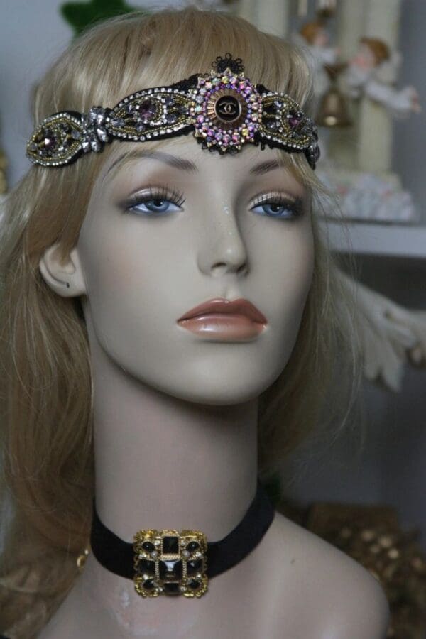 1596 Repurposed Chanel Button Crystal Forehead Headband - Image 8