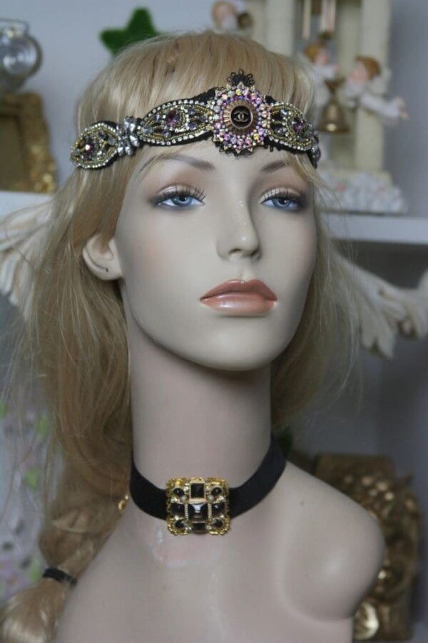 1596 Repurposed Chanel Button Crystal Forehead Headband - Image 6