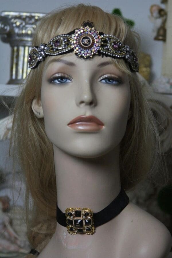 1596 Repurposed Chanel Button Crystal Forehead Headband - Image 7
