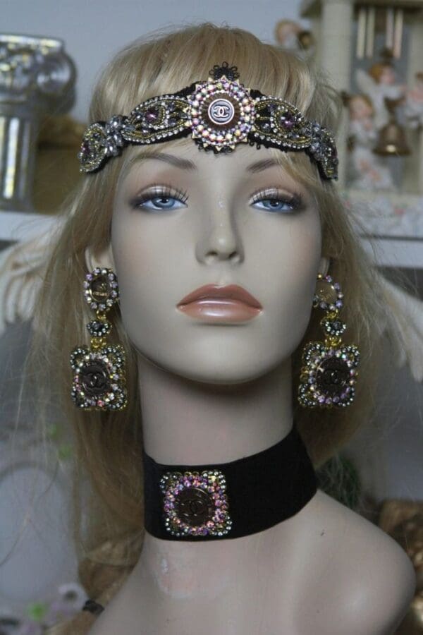 1596 Repurposed Chanel Button Crystal Forehead Headband - Image 2