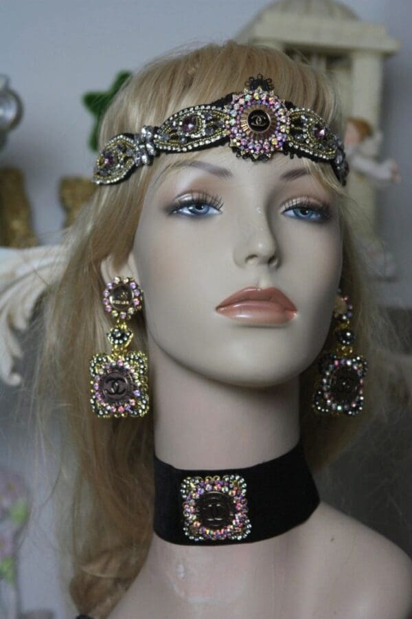 1596 Repurposed Chanel Button Crystal Forehead Headband - Image 4