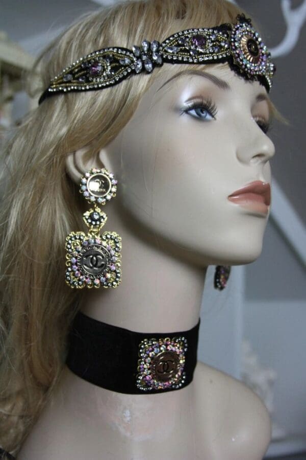 1596 Repurposed Chanel Button Crystal Forehead Headband - Image 5