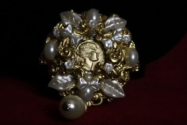 1682 Authentic Repurposed Chanel Button Pearl Leaf Huge Brooch - Image 2