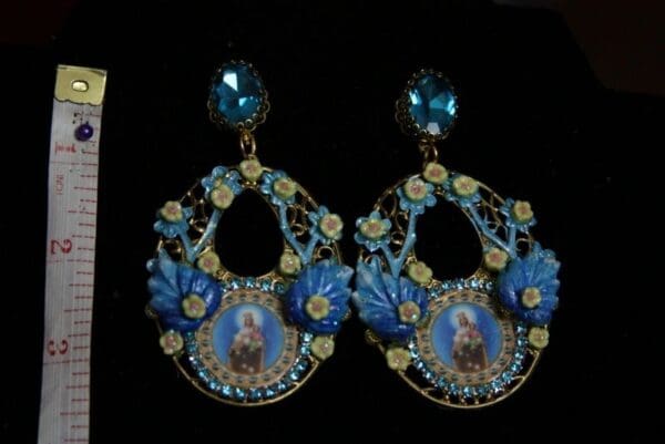 2002 Aqua Enamel Hand Painted Leaf Virgin Mary Earrings Studs - Image 5