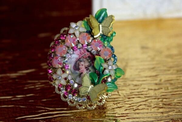 A close up of a ring on top of a table