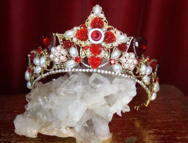 2316 Baroque Red Crystal Pearl Cross Crown Tiara - Image 3