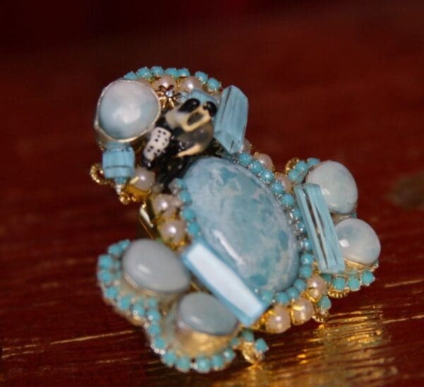 SOLD! 2334 Genuine Caribbean Larimar Solar Quartz Enamel Couple Huge Cocktail Ring - Image 2