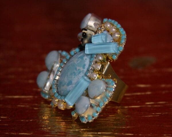 SOLD! 2334 Genuine Caribbean Larimar Solar Quartz Enamel Couple Huge Cocktail Ring - Image 3