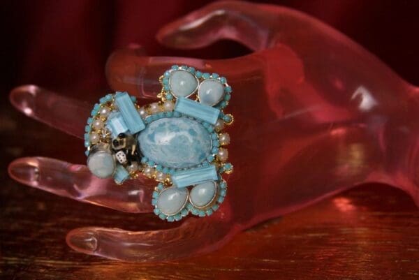 SOLD! 2334 Genuine Caribbean Larimar Solar Quartz Enamel Couple Huge Cocktail Ring - Image 5