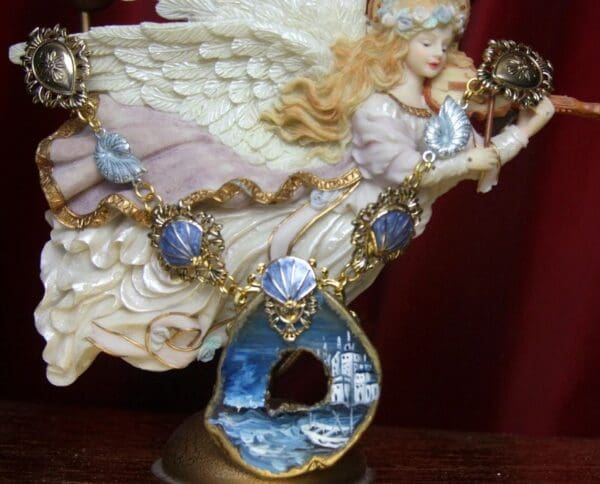 SOLD! 2617 Hand Painted Genuine Agate Pendant Enamel Shell Necklace+ Earrings