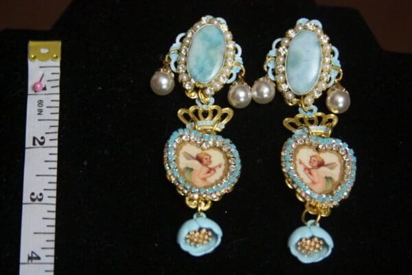 SOLD! 2679 Caribbean Larimar BAroque Cherub Heart Crown Earrings - Image 5