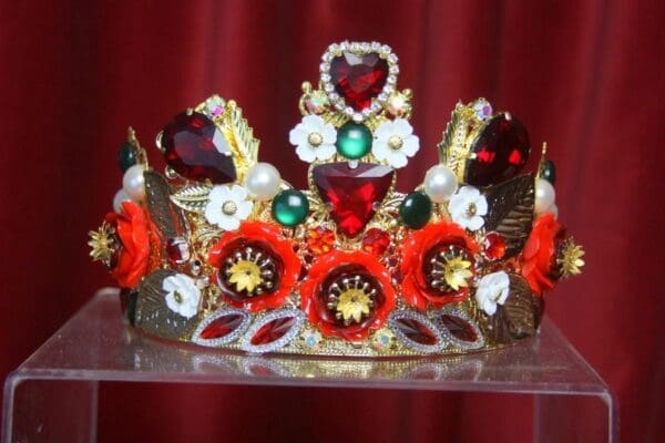SOLD! 3169 Set Of Baroque Red Rose Leaf Crystals Crown+ Earrings