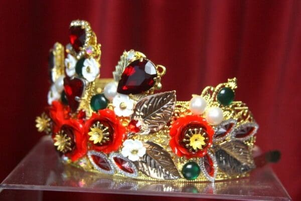 SOLD! 3169 Set Of Baroque Red Rose Leaf Crystals Crown+ Earrings - Image 3