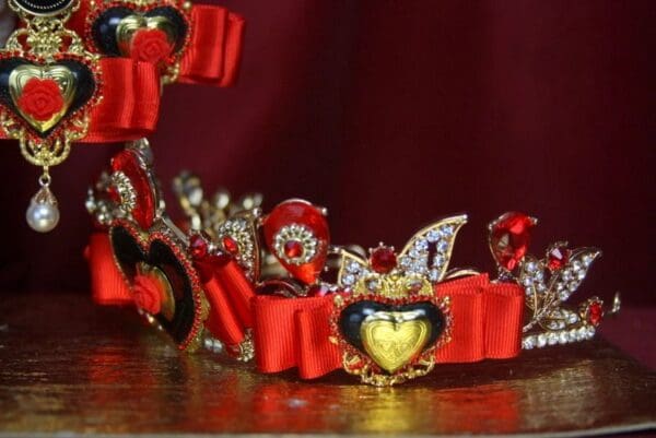 3170 Set Of Baroque Bow Black Heart Flower Pearl Crown Tiara+ Earrings - Image 6