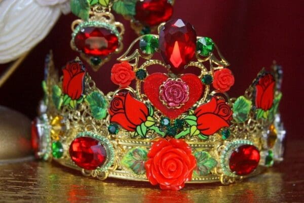 3171 Set Of Baroque Red Rose Leaf Crystals Crown+ Earrings - Image 7