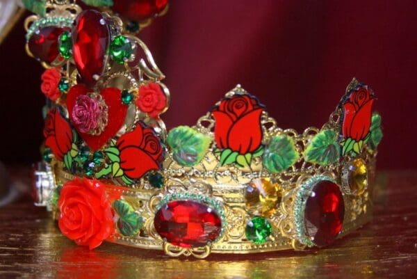 3171 Set Of Baroque Red Rose Leaf Crystals Crown+ Earrings - Image 8