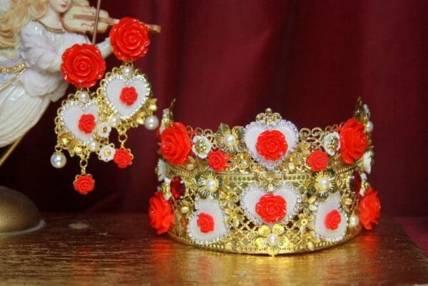 3181 Set Of Baroque Red Rose White HeartCrystals Crown+ Earrings - Image 3