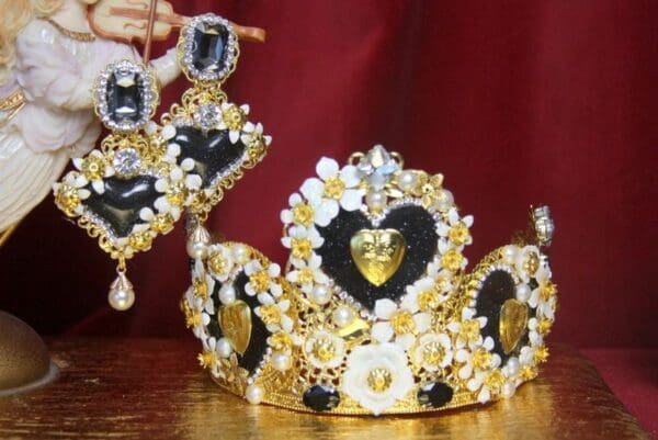 3183 Set Of Baroque Red Rose Black Heart Crystals Crown+ Earrings - Image 6