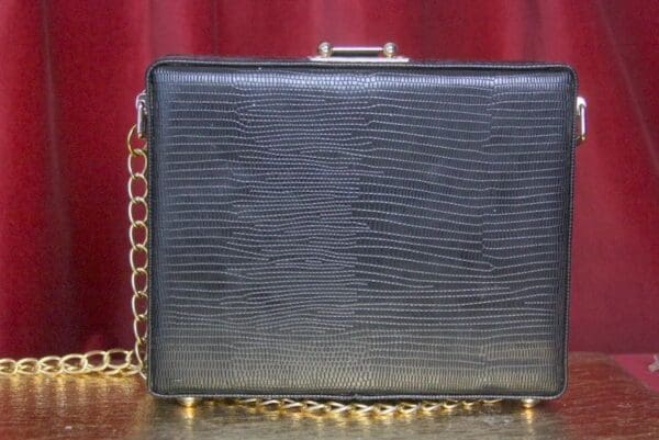 A black purse sitting on top of a table.
