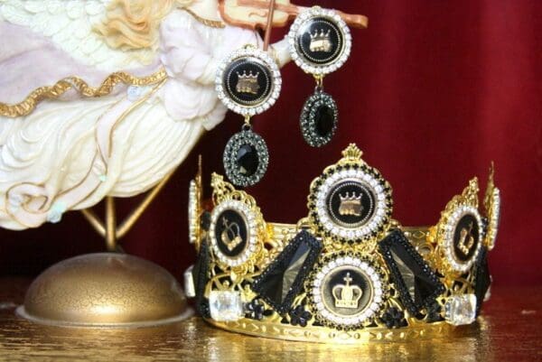 3512 Set Of Baroque Black Cameo Crystal Crown Headband+ Earrings - Image 2