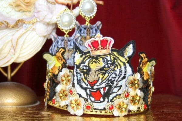 3629 Set Of Earrings + Unusual Baroque Tiger Flower Applique Crystal Headband