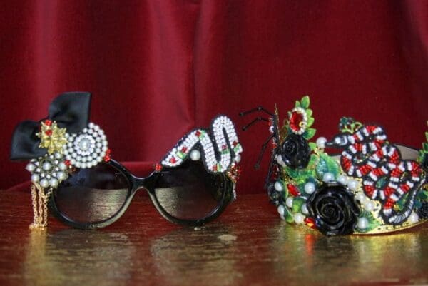3637 Baroque Rococo Crystal Snake Bow Brooches Embellished Sunglasses - Image 9