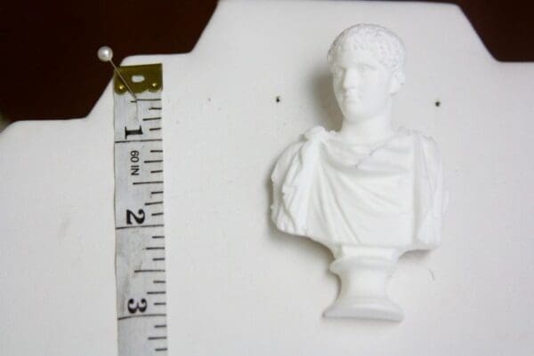 A white bust of a man next to a ruler.