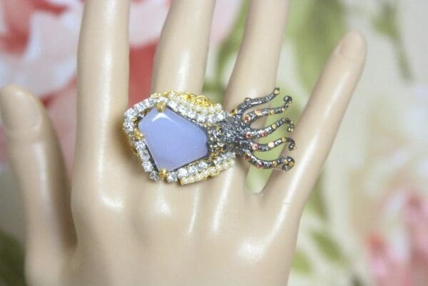 4145 Genuine Chalcedony Octopus Sterling Silver Adjustable Cocktail Huge Ring - Image 4