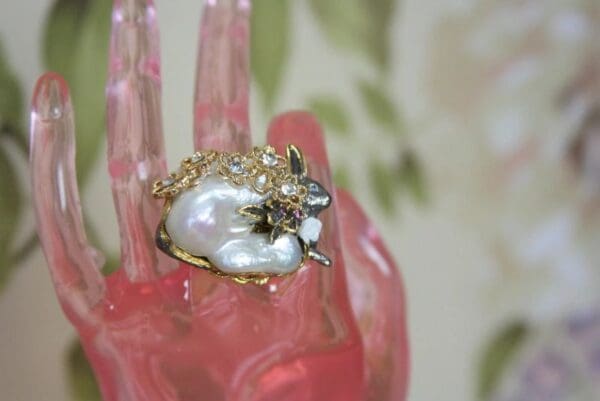 SOLD! 4150 Genuine Baroque Huge Pearl Rabbit Sterling Silver Adjustable Cocktail Huge Ring