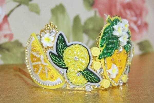 4254 Baroque Lemon Sicilian Fruit Applique Crystal Crown Headband - Image 7