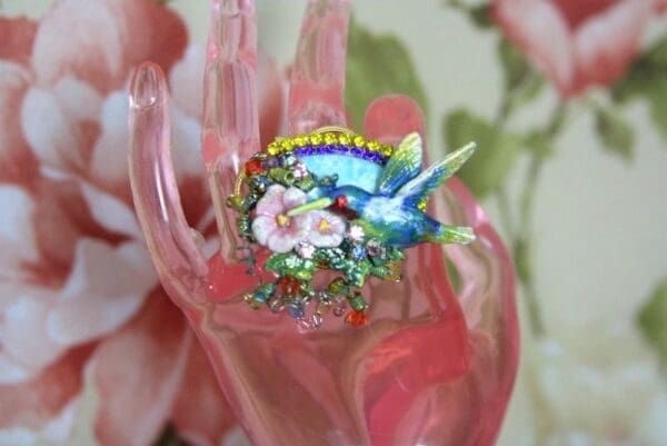 SOLD! 4273 Genuine Caribbean Larimar Baroque Enamel Hummingbird Adjustable Cocktail Huge Ring - Image 6