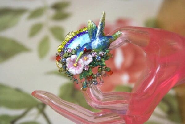 SOLD! 4273 Genuine Caribbean Larimar Baroque Enamel Hummingbird Adjustable Cocktail Huge Ring - Image 7