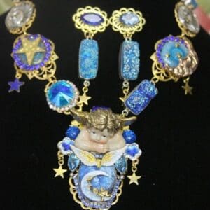 4279 Set Of Genuine Titanium Druzy Solar Quartz Moon Cherub Baroque Necklace+ Earrings