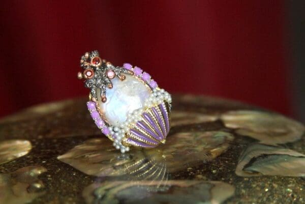 4339 Genuine Moonstone Sterling Silver Baroque Octopus Nautical Pearl Embellished Adjustable Cocktail Huge Ring - Image 8