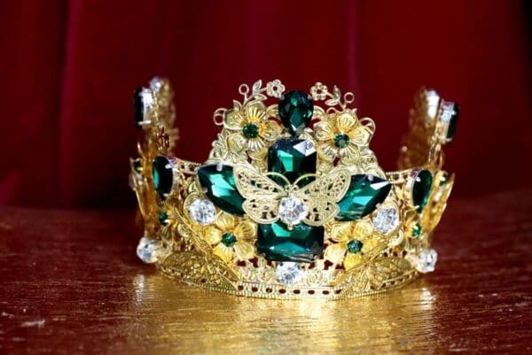 4553 Baroque Green Crystal Gold Leaf Butterfly Flower Crown Headband - Image 2