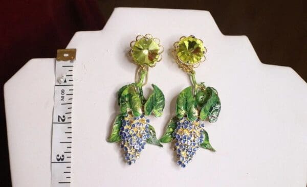 A pair of earrings with green leaves and purple grapes.