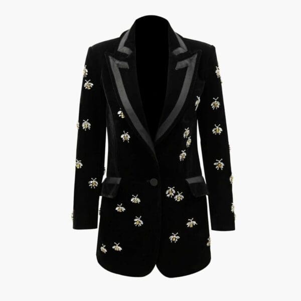 5123 Runway High-End Bee Crystal Embellished Velvet Tuxedo Style Chic Blazer