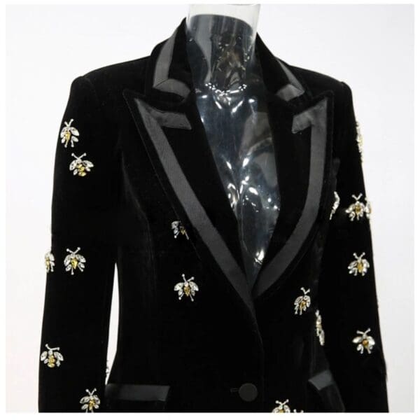 5123 Runway High-End Bee Crystal Embellished Velvet Tuxedo Style Chic Blazer - Image 7