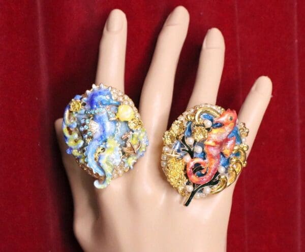 5219 Genuine Huge AgateBlue Sea Horse Cocktail Adjustable Ring - Image 2