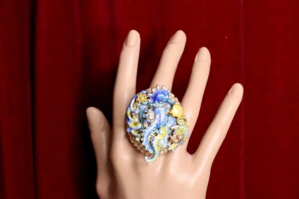 5219 Genuine Huge AgateBlue Sea Horse Cocktail Adjustable Ring - Image 3