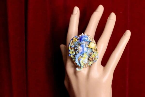 5219 Genuine Huge AgateBlue Sea Horse Cocktail Adjustable Ring - Image 4