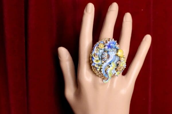5219 Genuine Huge AgateBlue Sea Horse Cocktail Adjustable Ring - Image 5