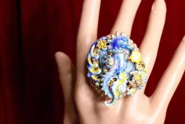 5219 Genuine Huge AgateBlue Sea Horse Cocktail Adjustable Ring