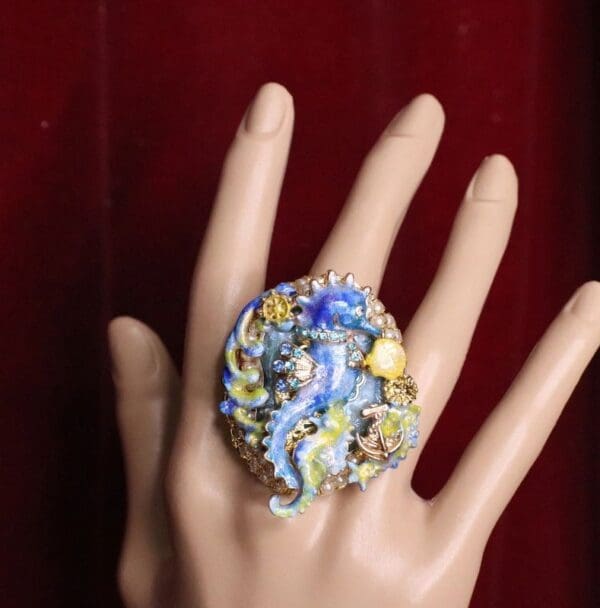 5219 Genuine Huge AgateBlue Sea Horse Cocktail Adjustable Ring - Image 6