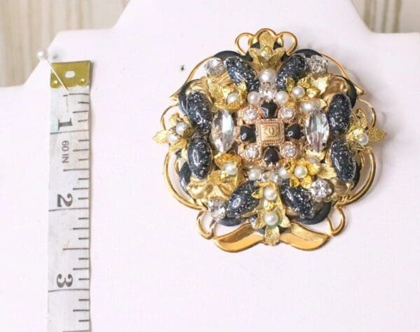 5321 Re-purposed Authentic Chanel Button Massive Gold Black Brooch - Image 2