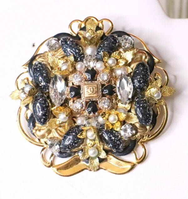5321 Re-purposed Authentic Chanel Button Massive Gold Black Brooch - Image 3